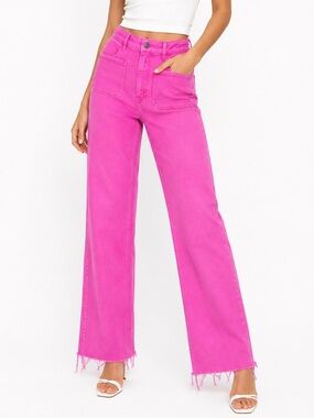 Zara Hot Pink Flare Leg Raw Hem Jeans Size 6